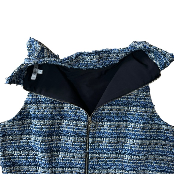 Tyler Boe Tweed High Neck Sleeveless Sheath Dress Fringe Blue Gold Size 8 - Picture 6 of 9